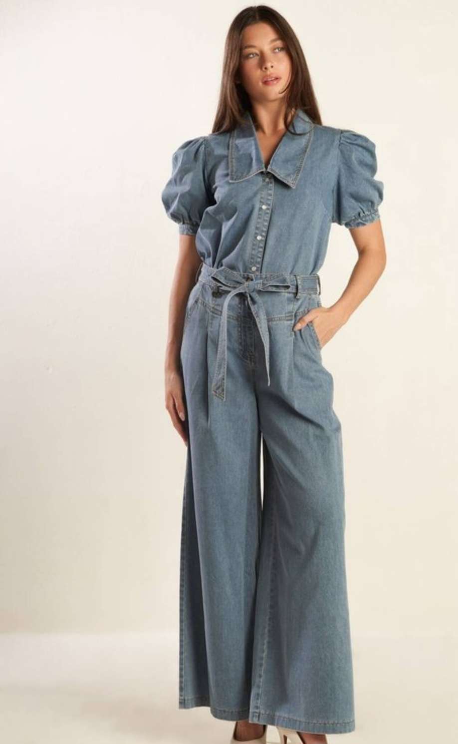 Denim Belted Wide Leg Jeans