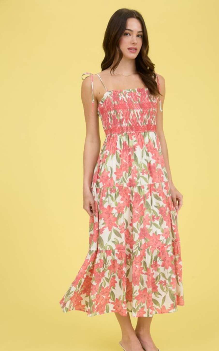 Women's floral smocked tiered dress with ruffle sleeves and flowy skirt, lightweight summer boho style