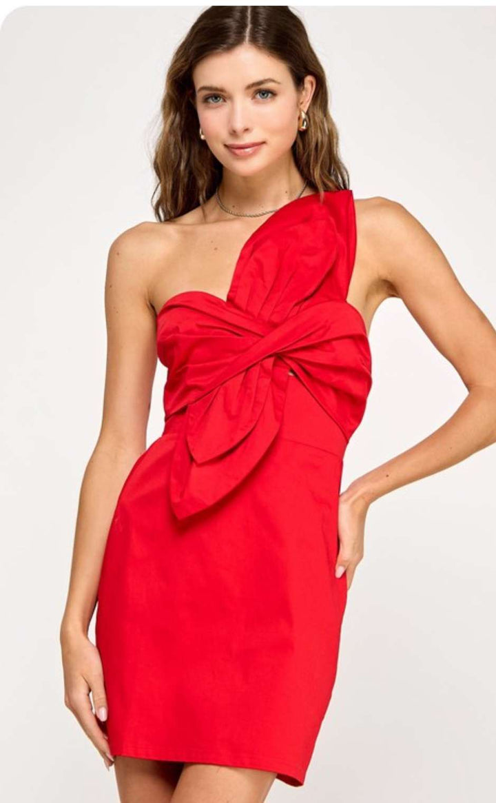 Red mini dress with floral print and front knot detail