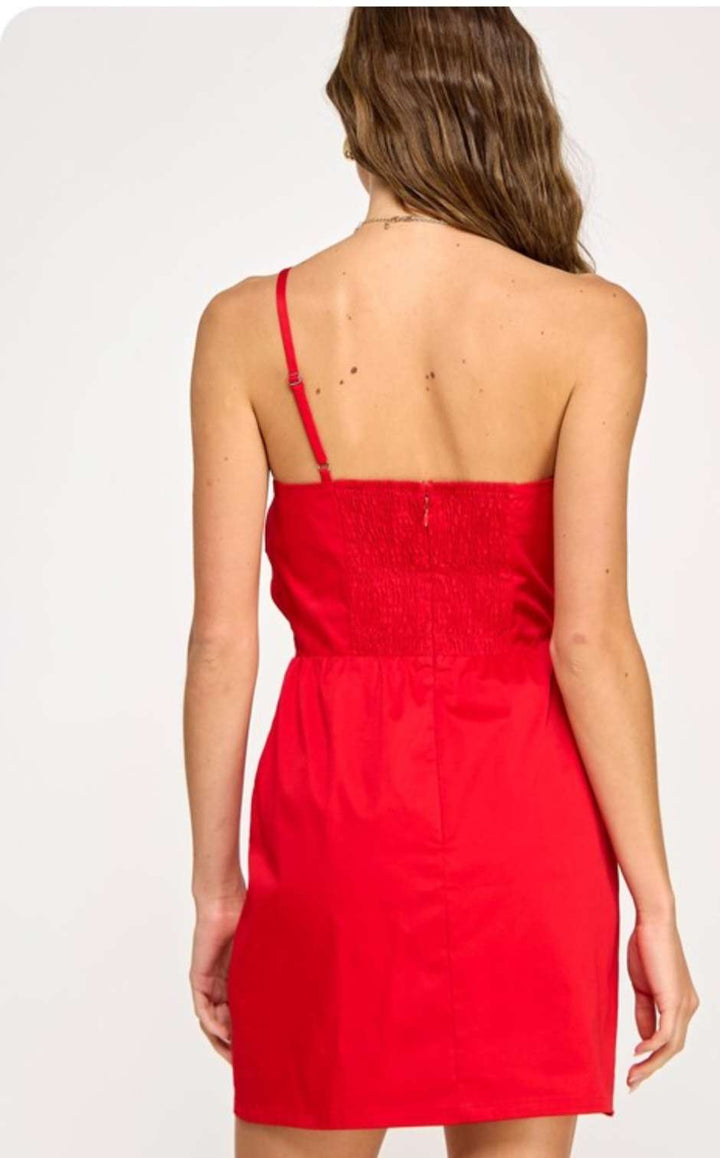 Red mini dress with floral print and front knot detail