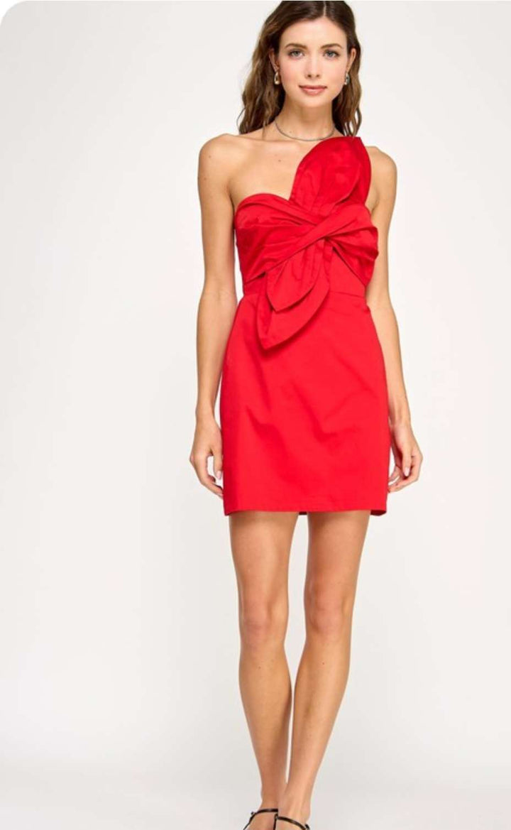 Red mini dress with floral print and front knot detail