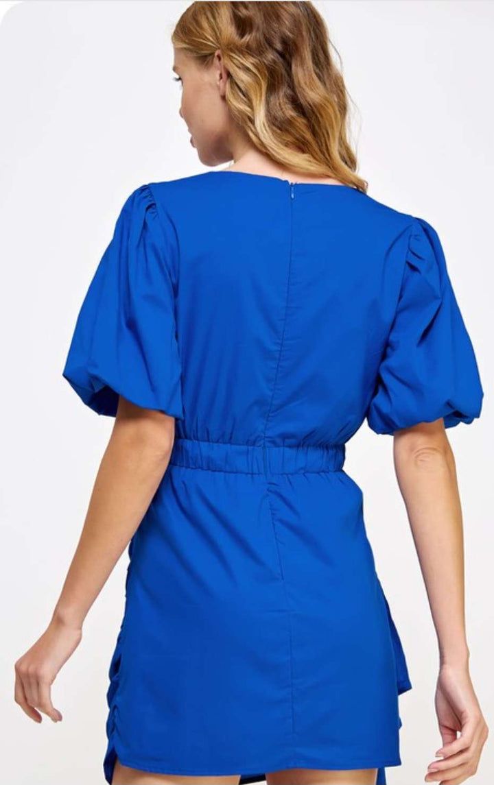 Royal blue ruched dress , flattering side ruching, ideal for garden parties, or cocktail events.