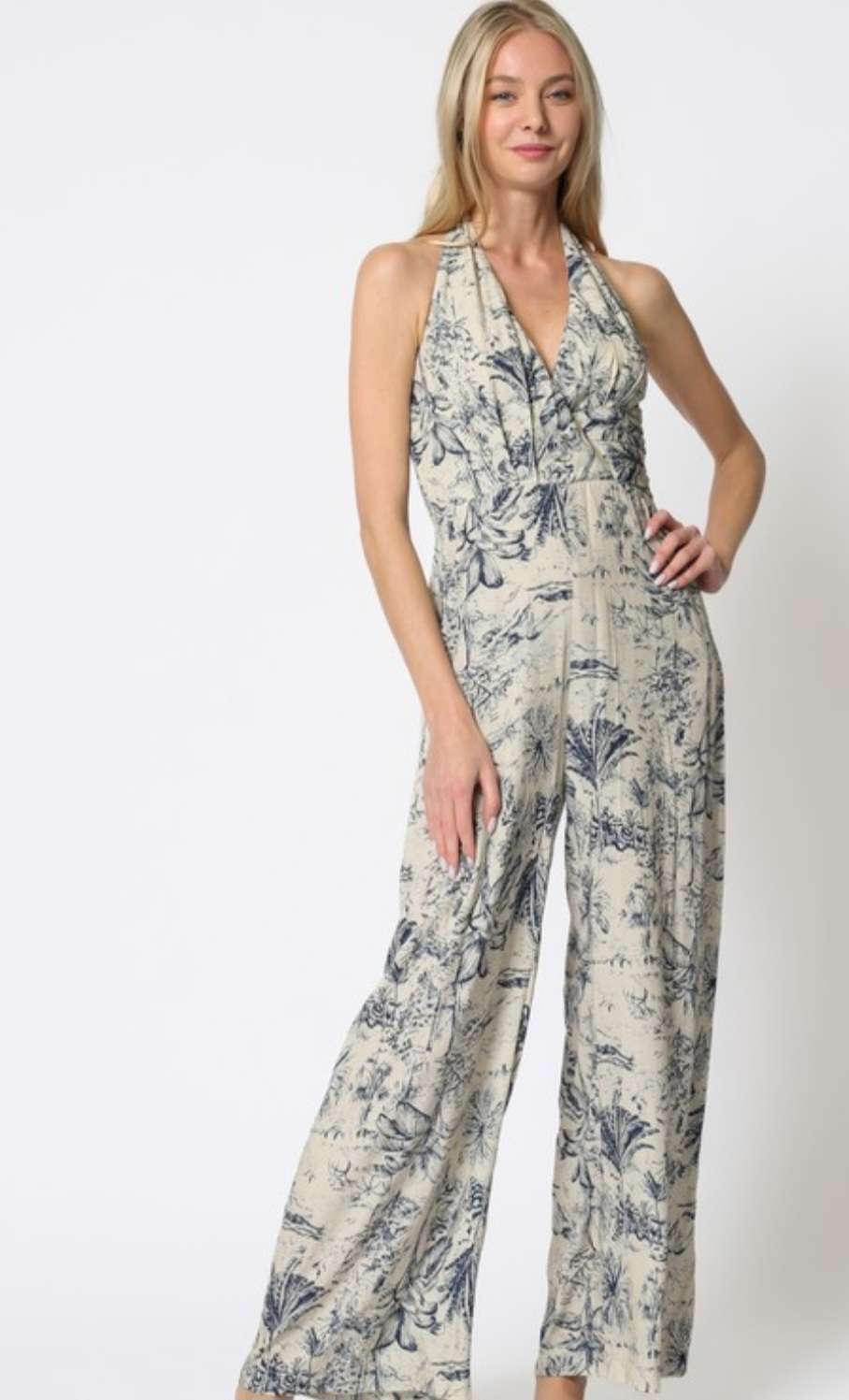 Ivory floral halter jumpsuit for women – lightweight and stylish for warm weather