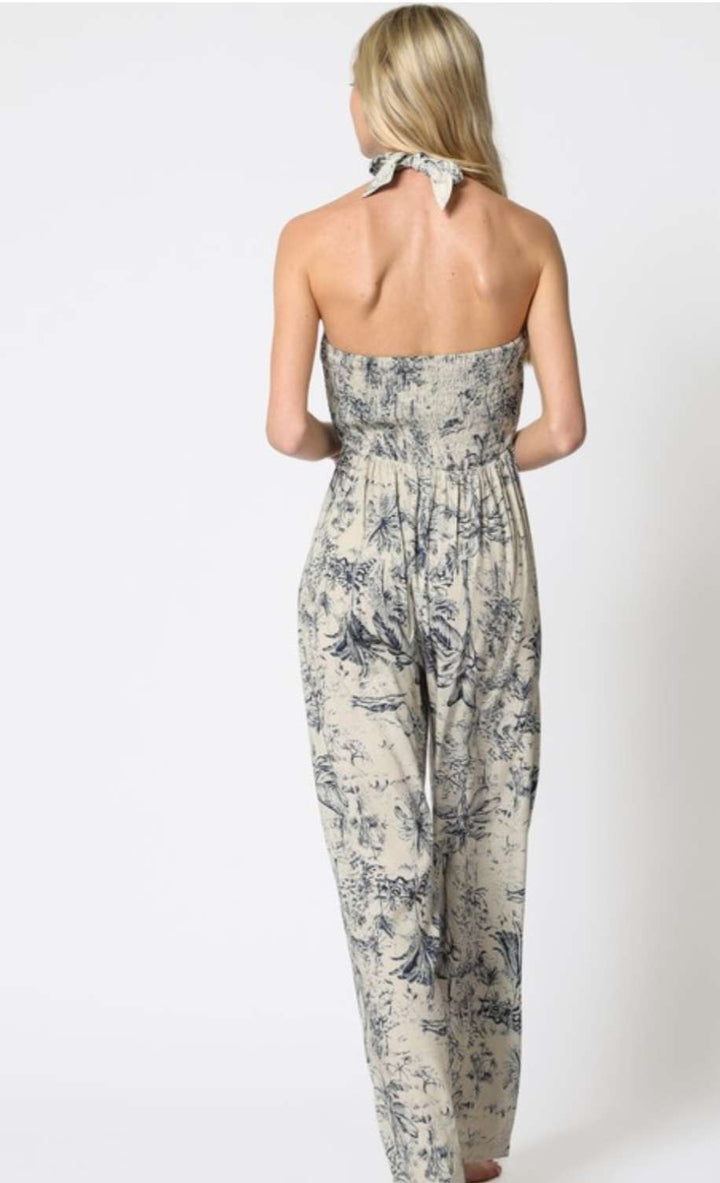 Ivory floral halter jumpsuit for women – lightweight and stylish for warm weather