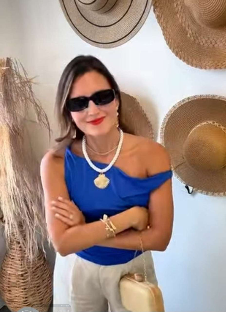 Elegant blue one shoulder top with asymmetrical silhouette – summer fashion piece