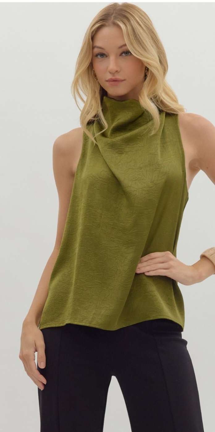 Olive mock neck tank top featuring a sleeveless design, soft stretchy fabric, and a fitted silhouette – perfect for layering or wearing solo in any season.