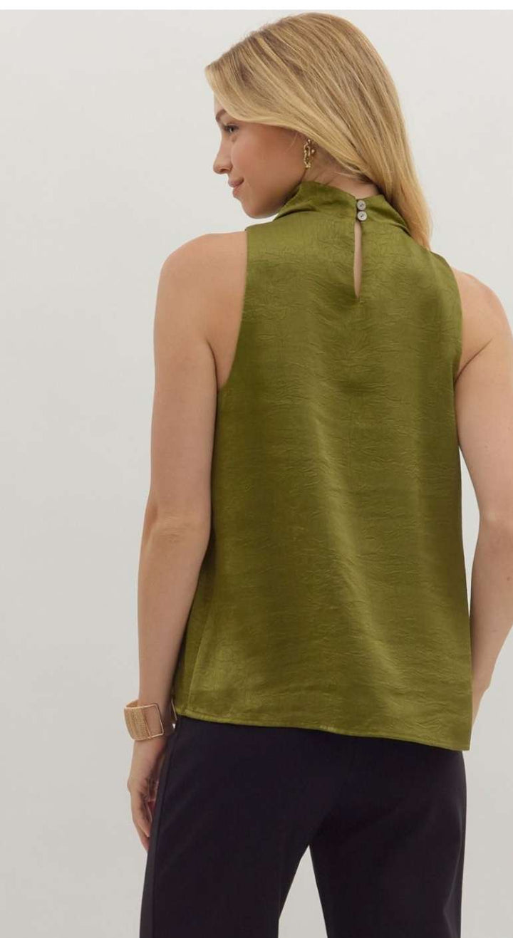 Olive mock neck tank top featuring a sleeveless design, soft stretchy fabric, and a fitted silhouette – perfect for layering or wearing solo in any season.