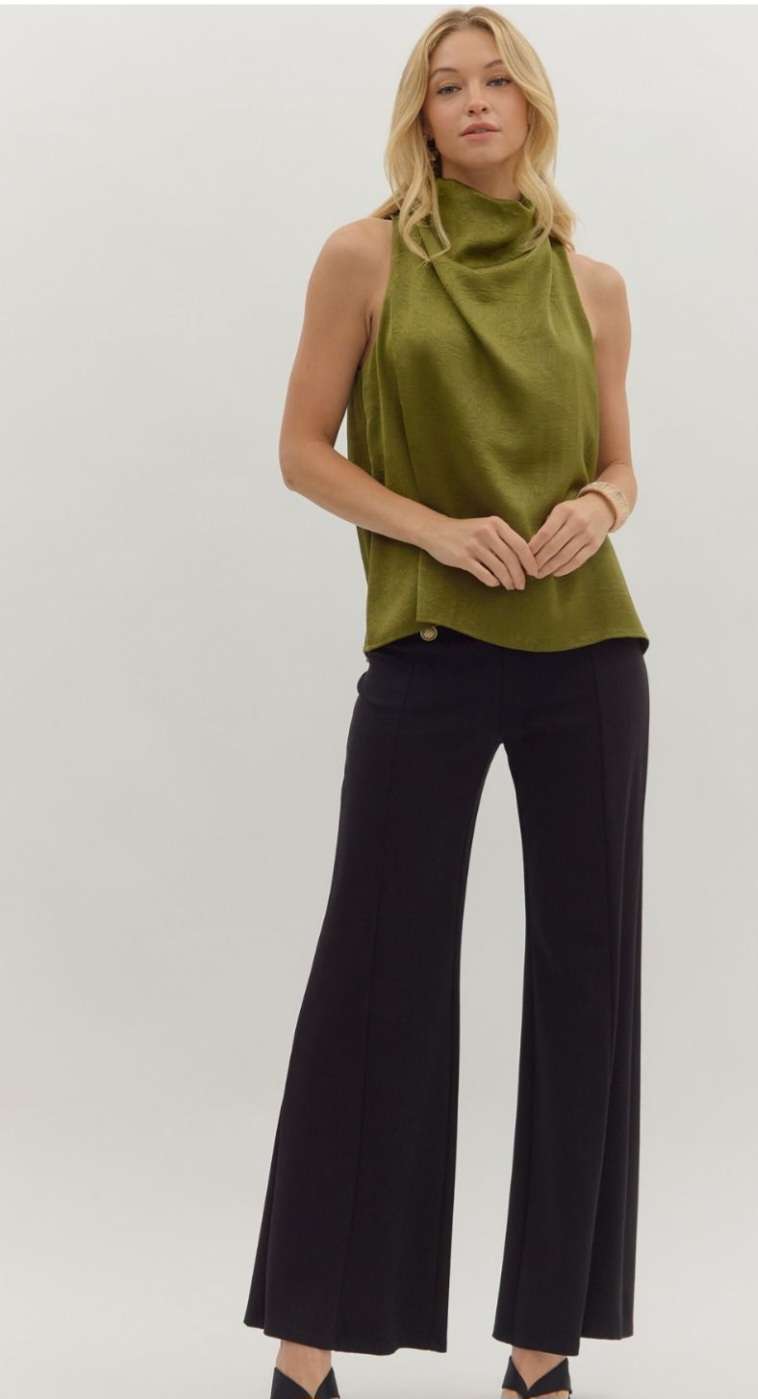 Olive mock neck tank top featuring a sleeveless design, soft stretchy fabric, and a fitted silhouette – perfect for layering or wearing solo in any season.