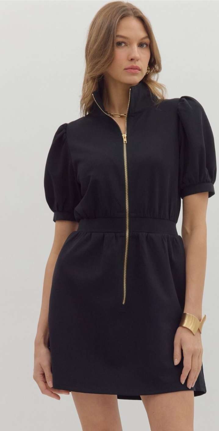 Black zipper dress featuring a sleek silhouette, front zip detail, and flattering fit – perfect for both casual and dressy occasions.