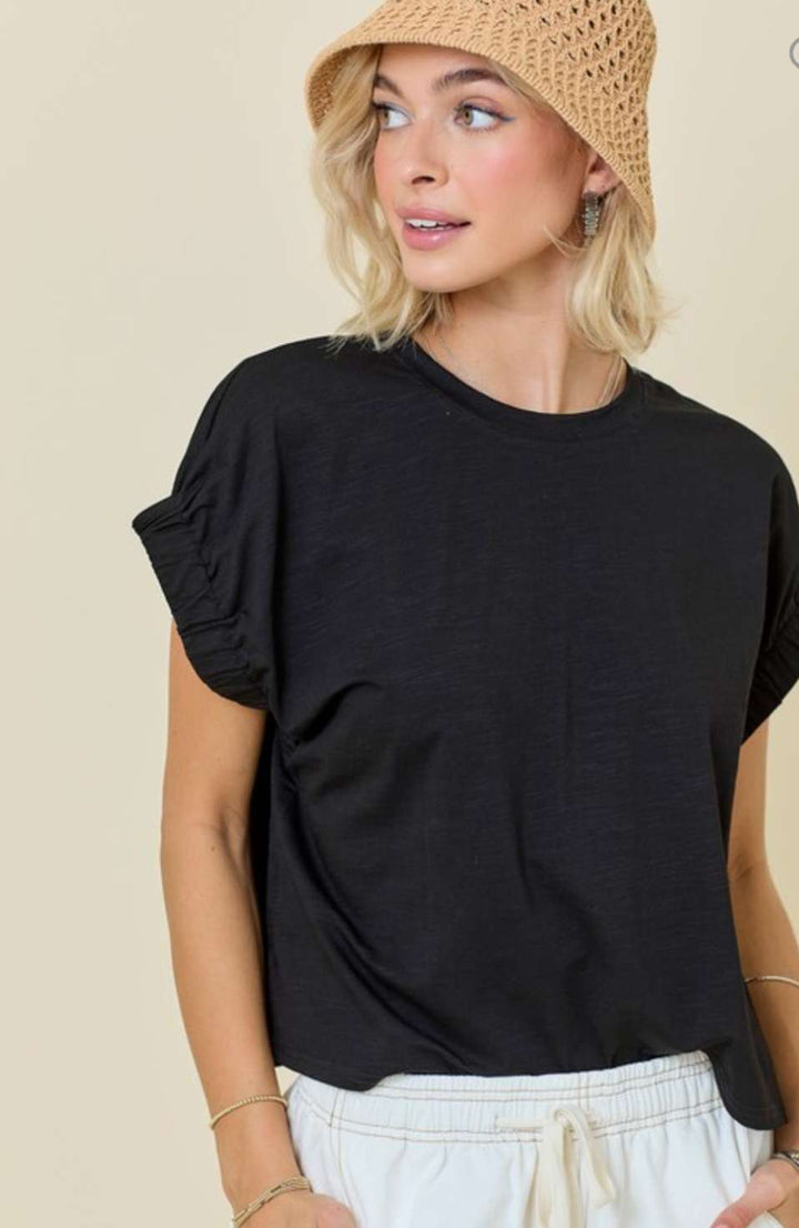 Elevate your everyday look with our Black Elastic Sleeve Tee – a sleek, modern fit with stretchy comfort, perfect for streetwear or casual style.