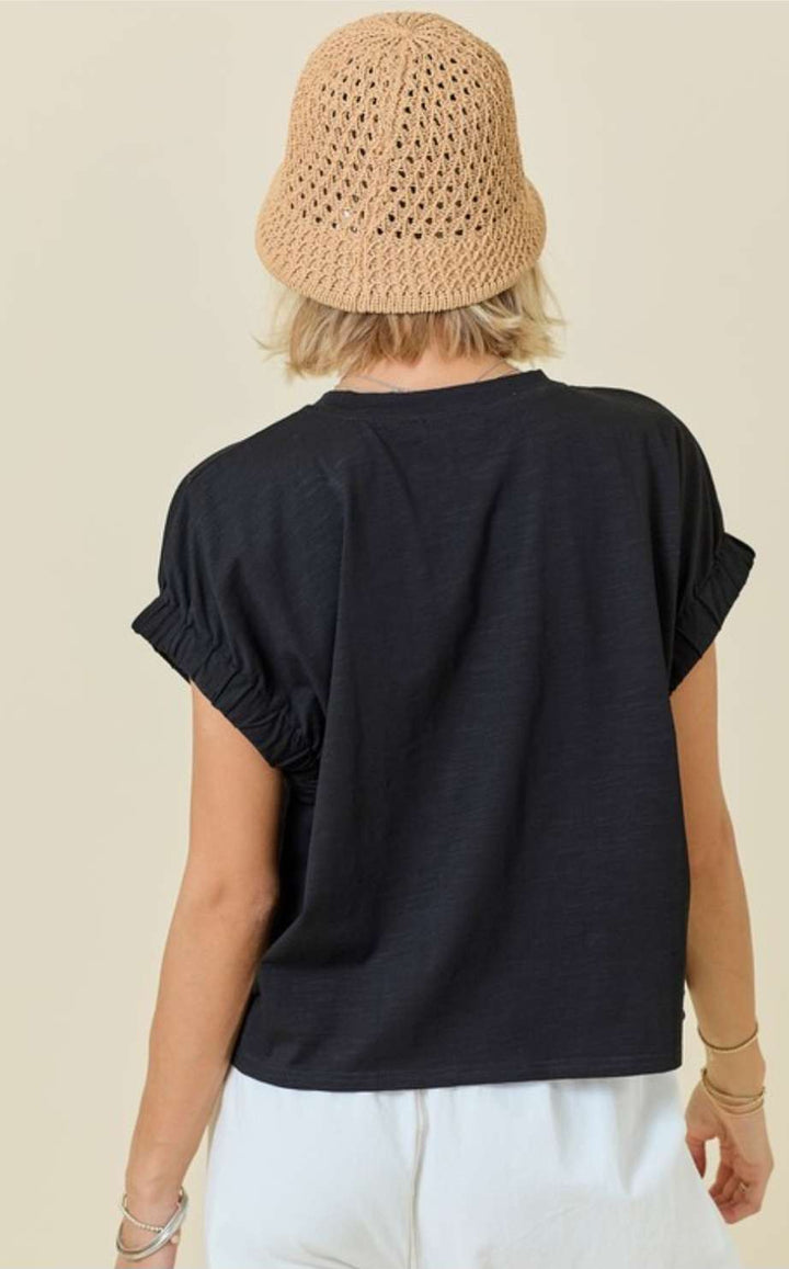 Elevate your everyday look with our Black Elastic Sleeve Tee – a sleek, modern fit with stretchy comfort, perfect for streetwear or casual style.