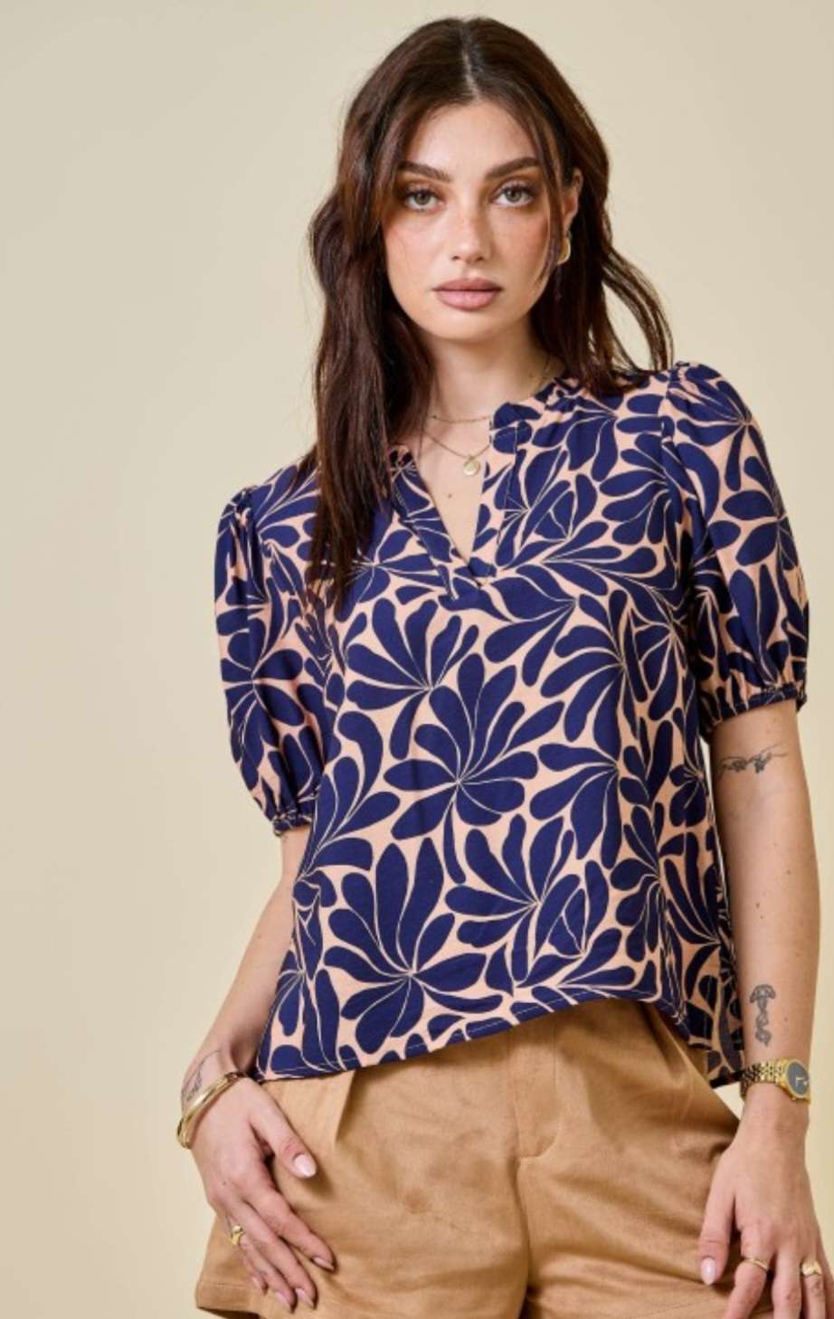 Chic navy patterned top – perfect for workwear or casual outfits