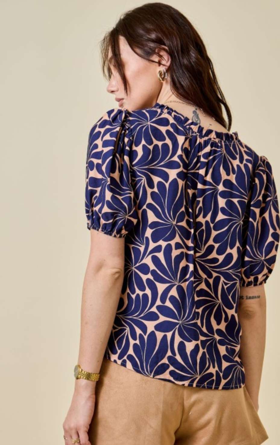 Chic navy patterned top – perfect for workwear or casual outfits
