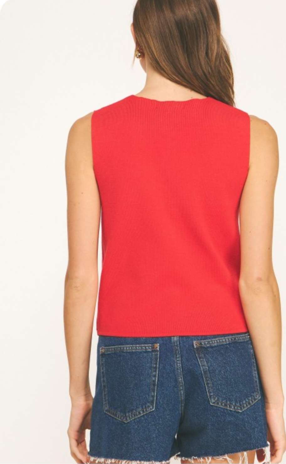 Women's red and white embroidered knit top – stylish sleeveless sweater with detailed embroidery for casual or boho-chic outfits