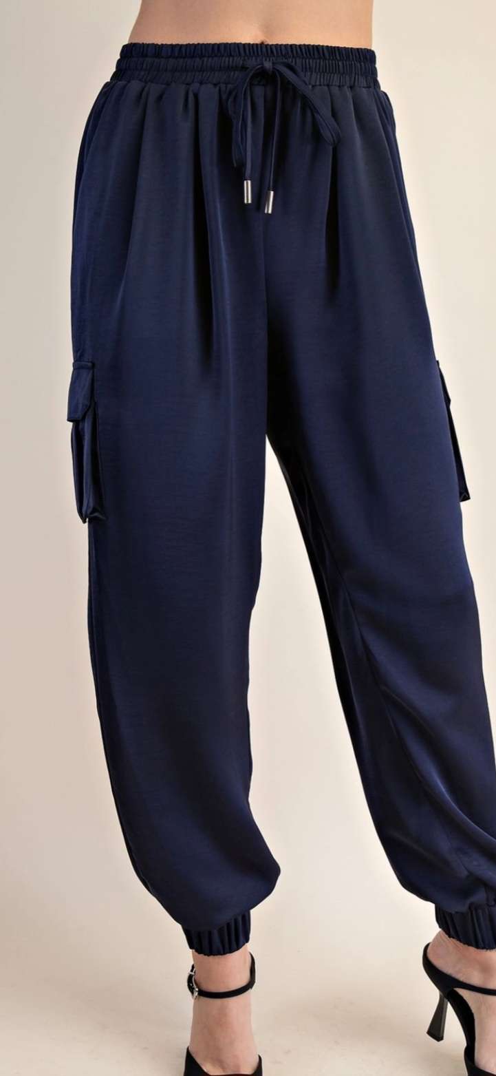 Women's navy silky cargo joggers with drawstring waist and side pockets