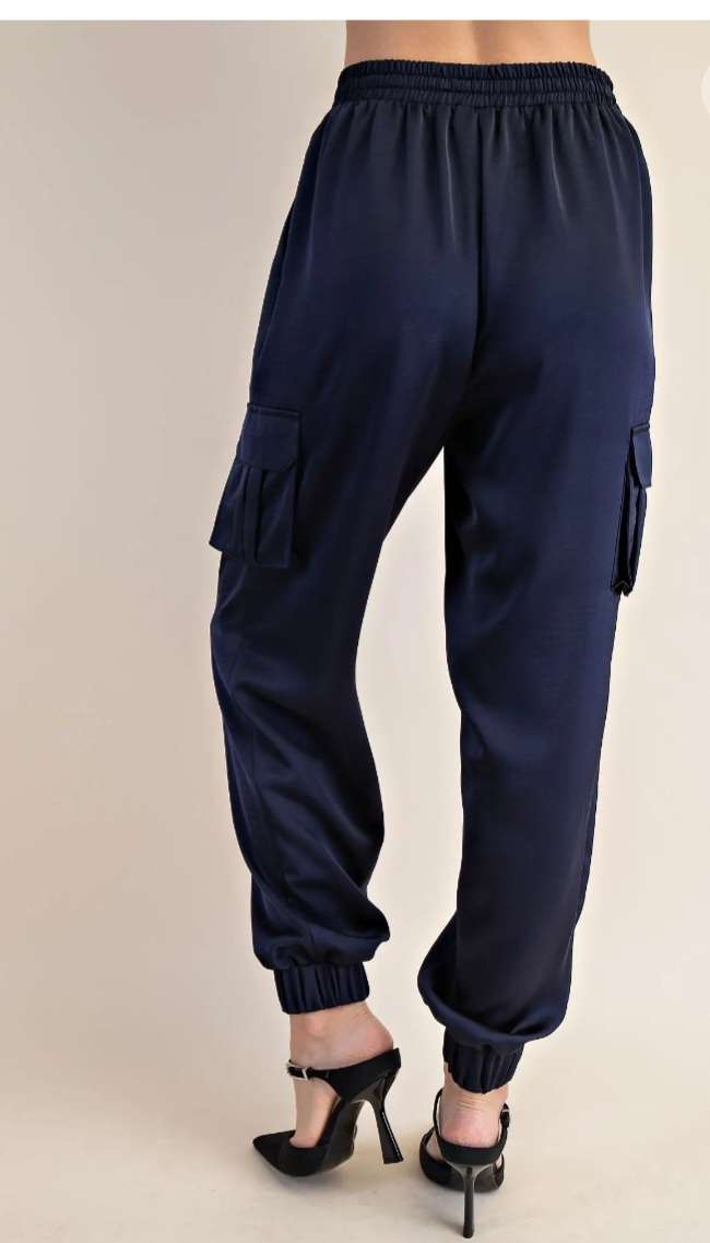 Women's navy silky cargo joggers with drawstring waist and side pockets