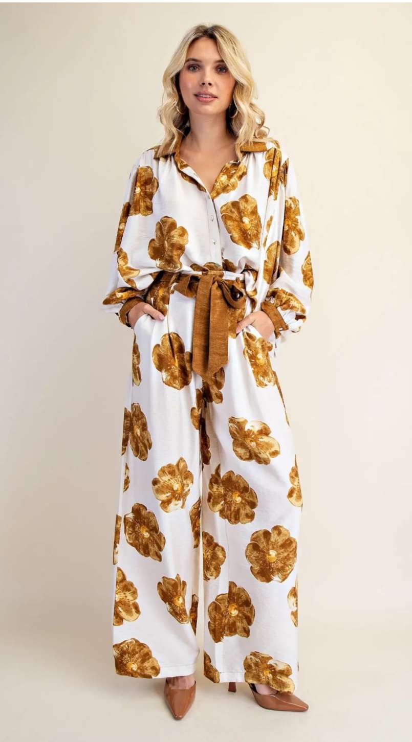 Women's beige floral print belted pants with high waist and wide-leg design