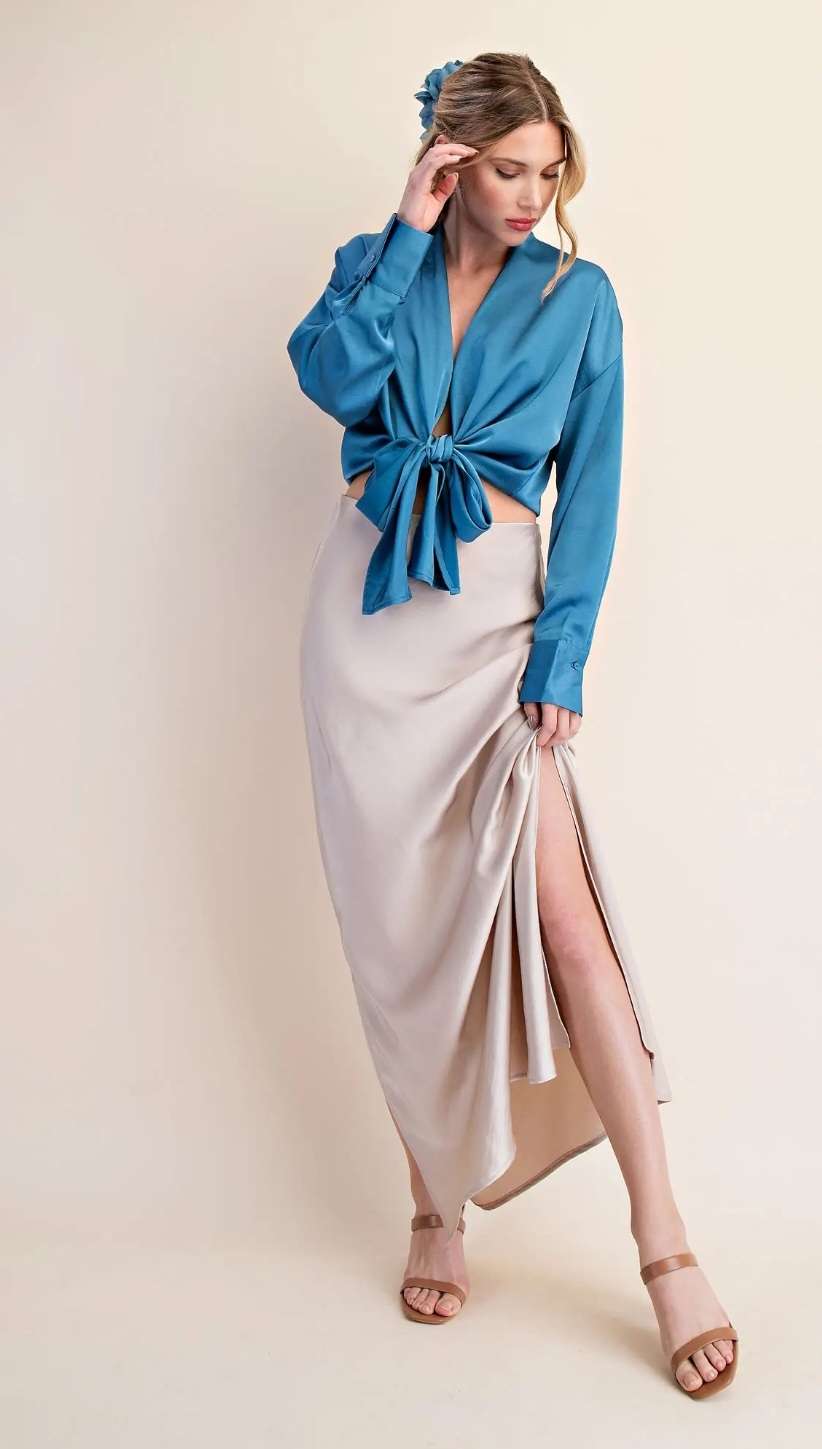 Cream silk-look maxi skirt for women, perfect for evening or formal wear