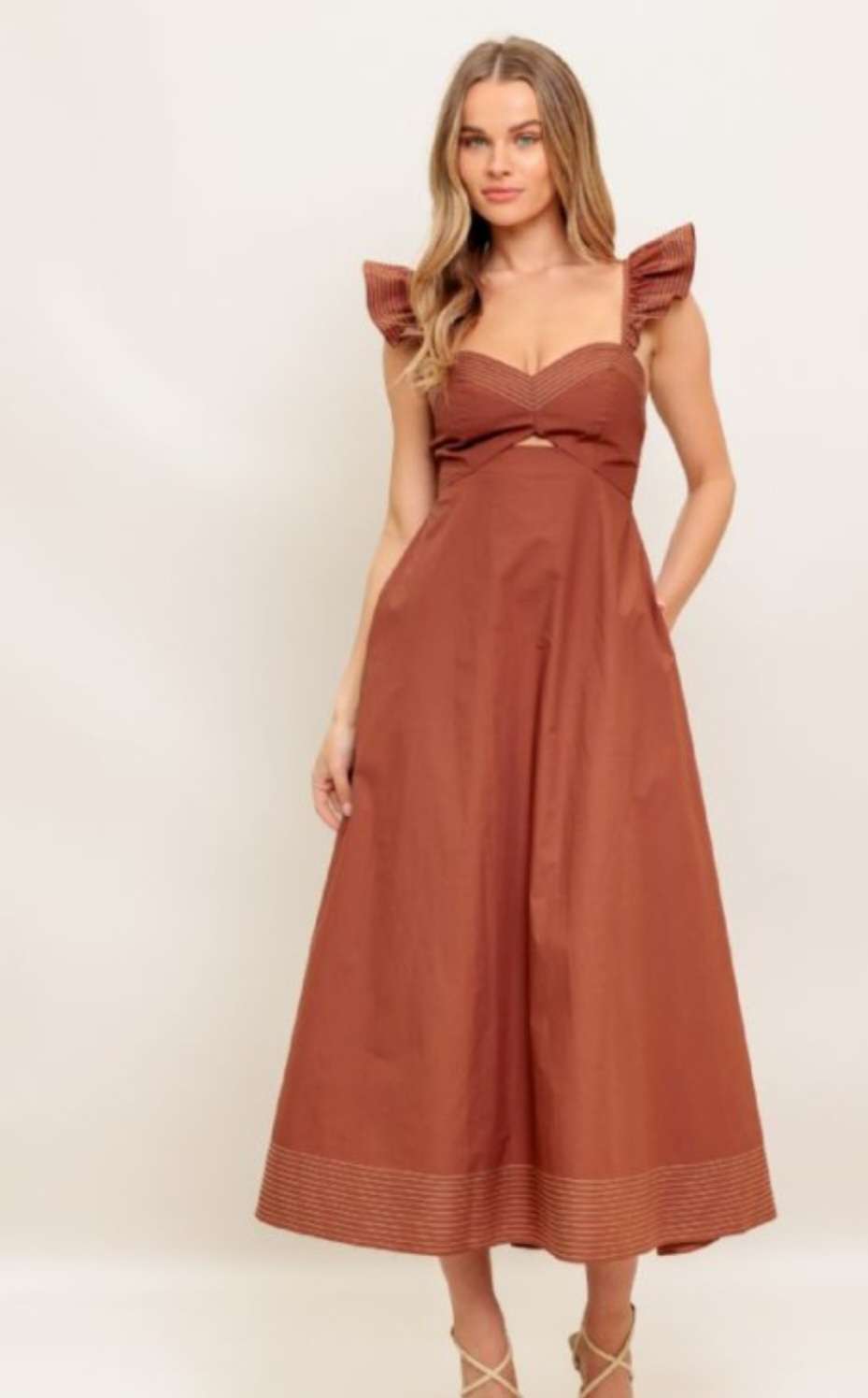 Elegant cognac sweetheart neck dress for women perfect for date nights, or evening wear.