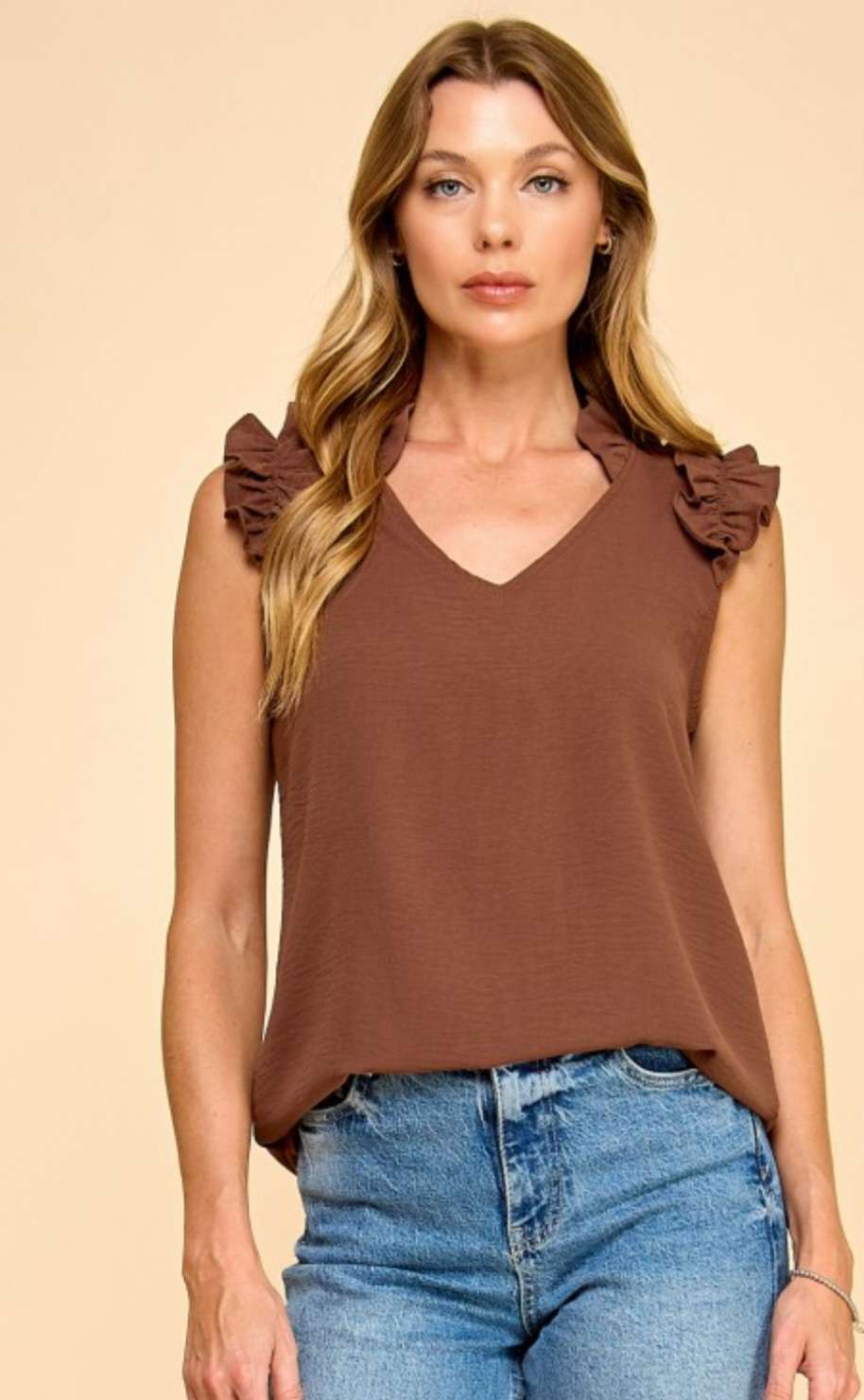 Women's brown ruffle shoulder top – stylish casual blouse with layered ruffle sleeves, perfect for fall or everyday wear