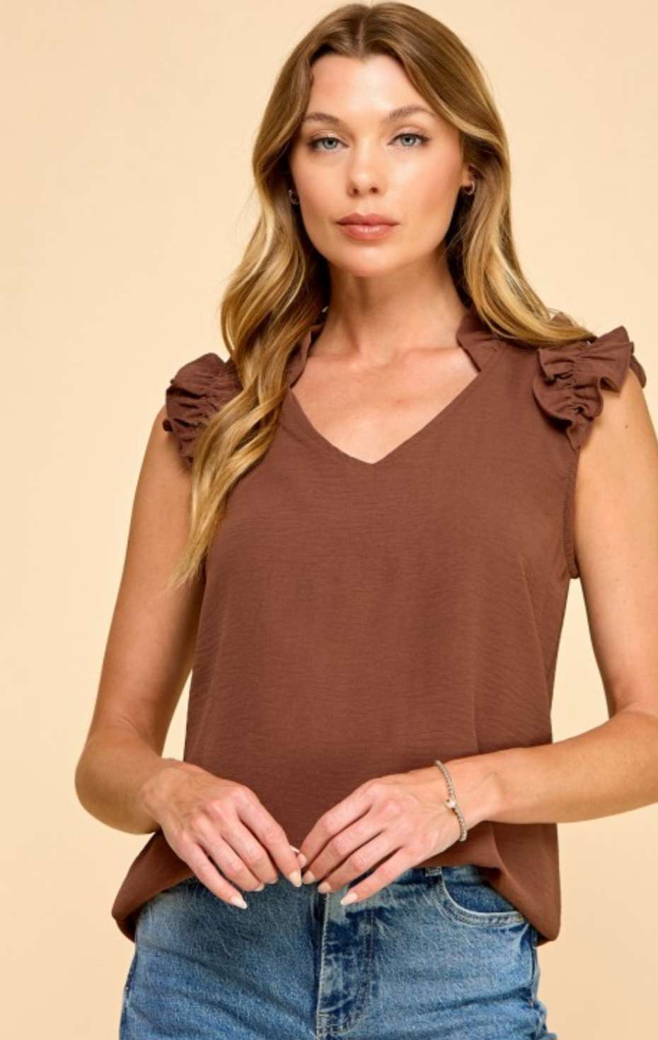 Women's brown ruffle shoulder top – stylish casual blouse with layered ruffle sleeves, perfect for fall or everyday wear