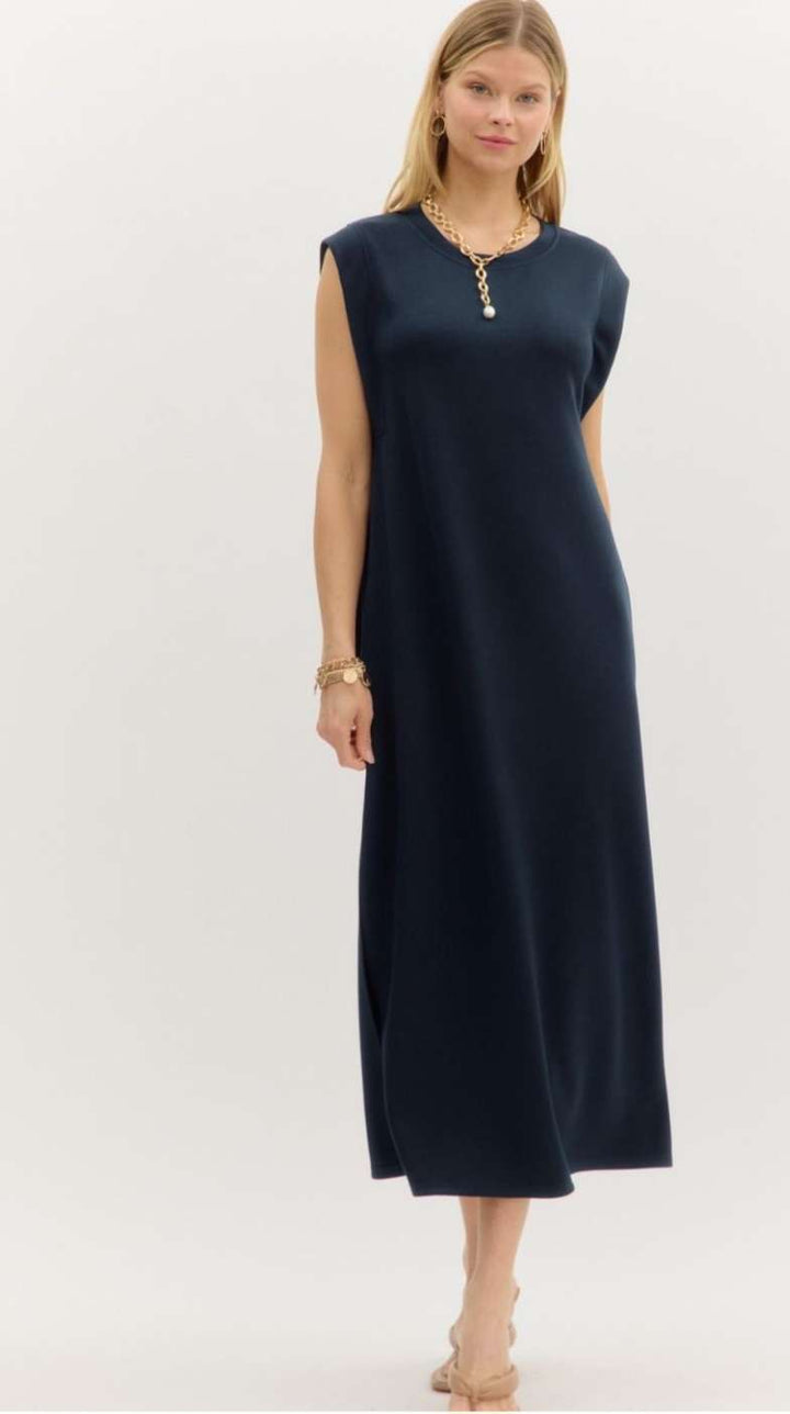 Women's navy jersey knit midi dress with short sleeves and comfortable stretch fabric – casual and versatile dress for everyday wear.