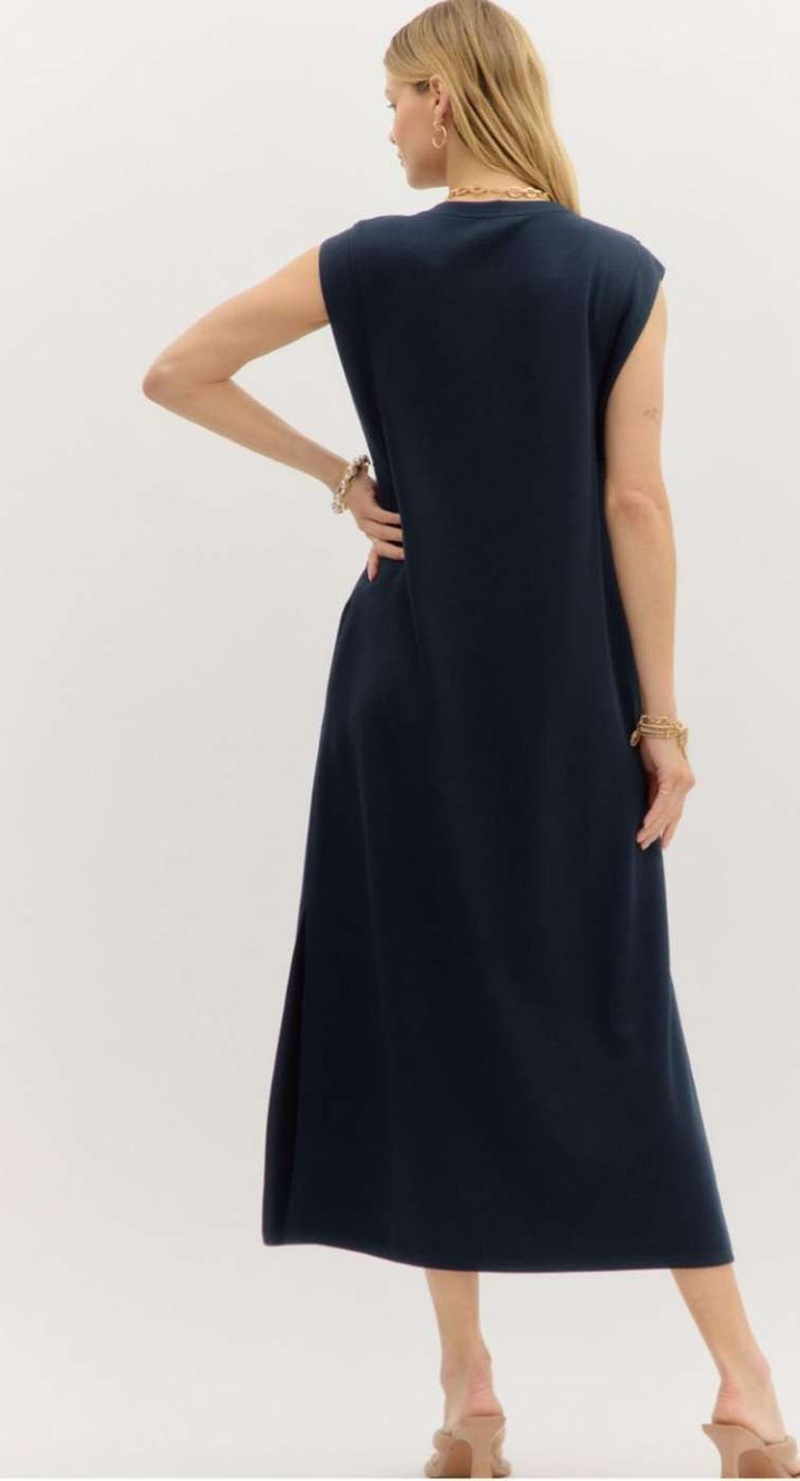 Women's navy jersey knit midi dress with short sleeves and comfortable stretch fabric – casual and versatile dress for everyday wear.