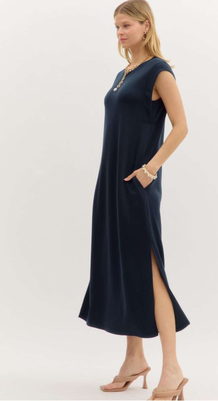 Women's navy jersey knit midi dress with short sleeves and comfortable stretch fabric – casual and versatile dress for everyday wear.