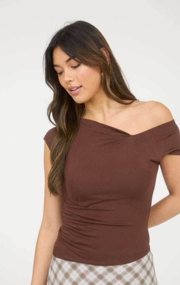 Stylish chocolate brown off one shoulder top for women – trendy asymmetrical neckline, perfect for evening outings, parties, and chic casual wear.