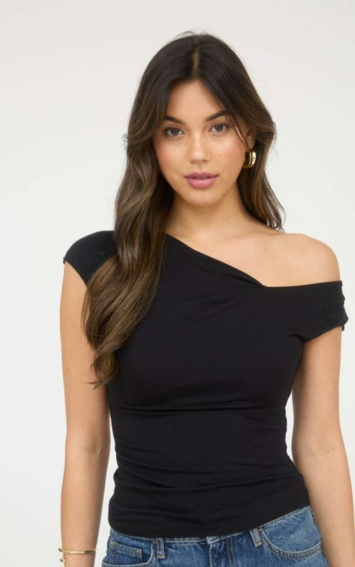Stylish black off one shoulder top for women – trendy asymmetrical neckline, perfect for evening outings, parties, and chic casual wear.