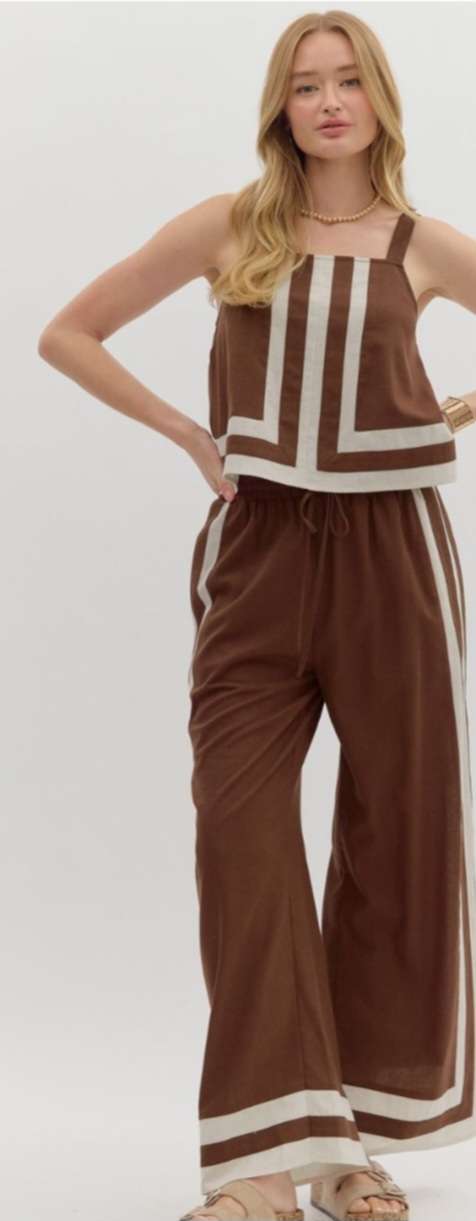 Women's brown trousers featuring beige side stripes for a sporty-chic look