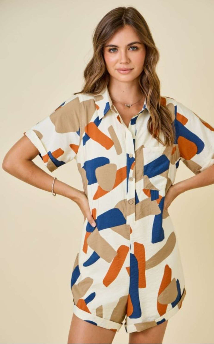 Boho-style rust romper with bold geometric prints – fashion inspiration