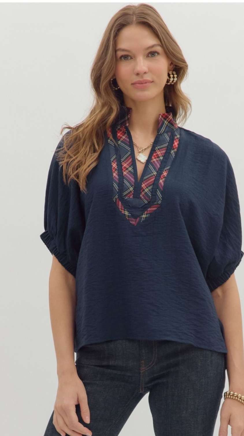 Women's navy top with plaid print neck detail – stylish casual blouse for work or everyday wear