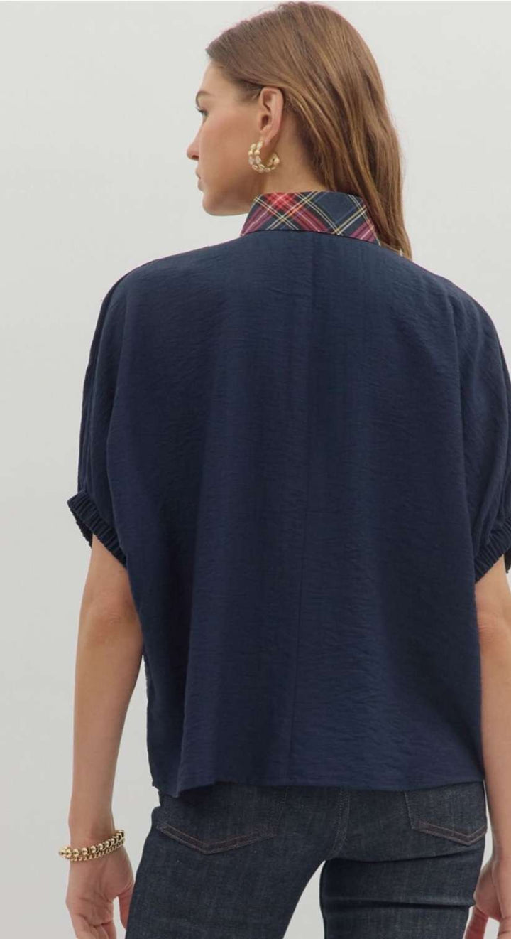 Women's navy top with plaid print neck detail – stylish casual blouse for work or everyday wear