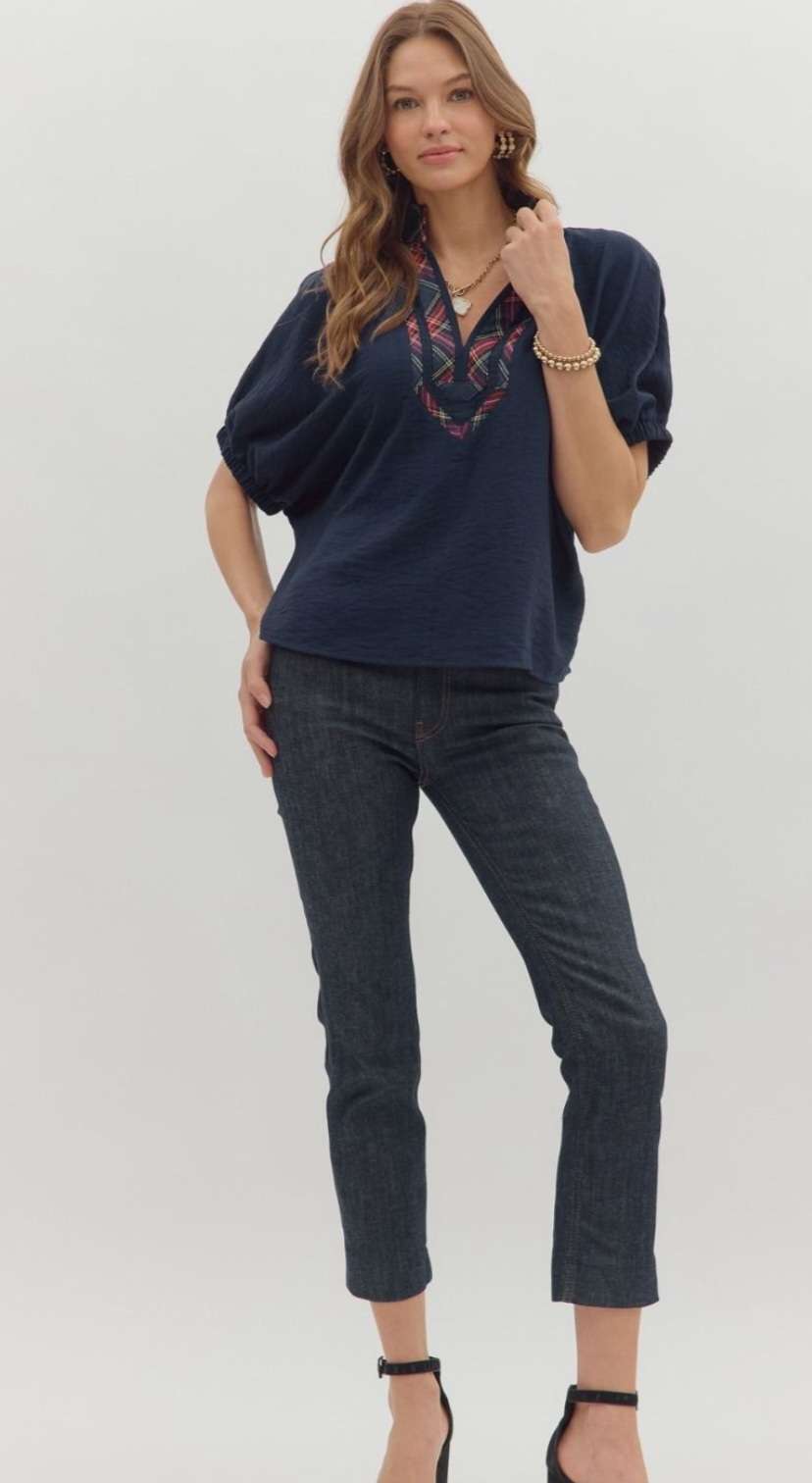 Women's navy top with plaid print neck detail – stylish casual blouse for work or everyday wear