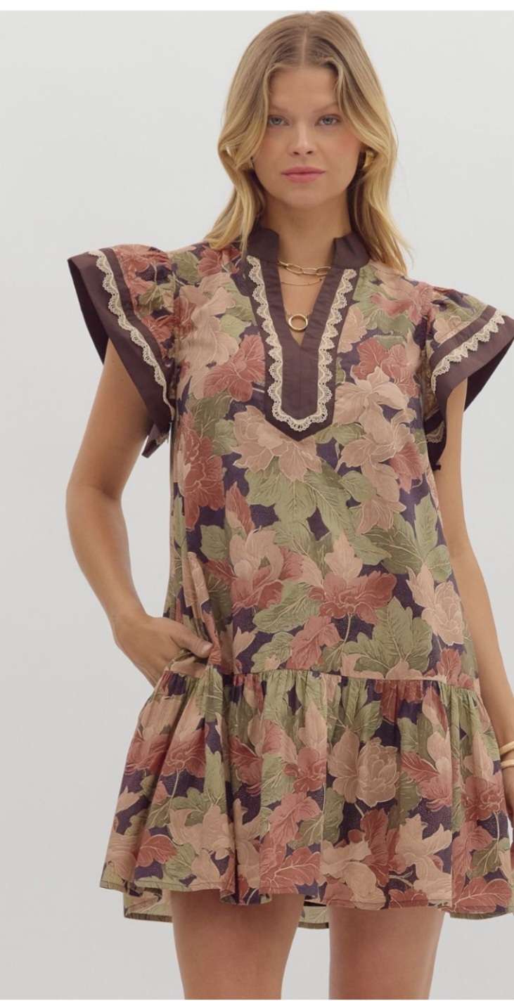 Floral print brown dress with layered ruffle hem for women