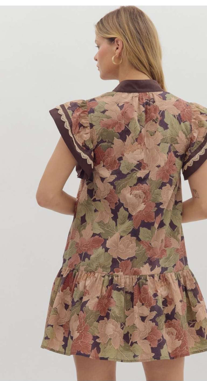 Floral print brown dress with layered ruffle hem for women