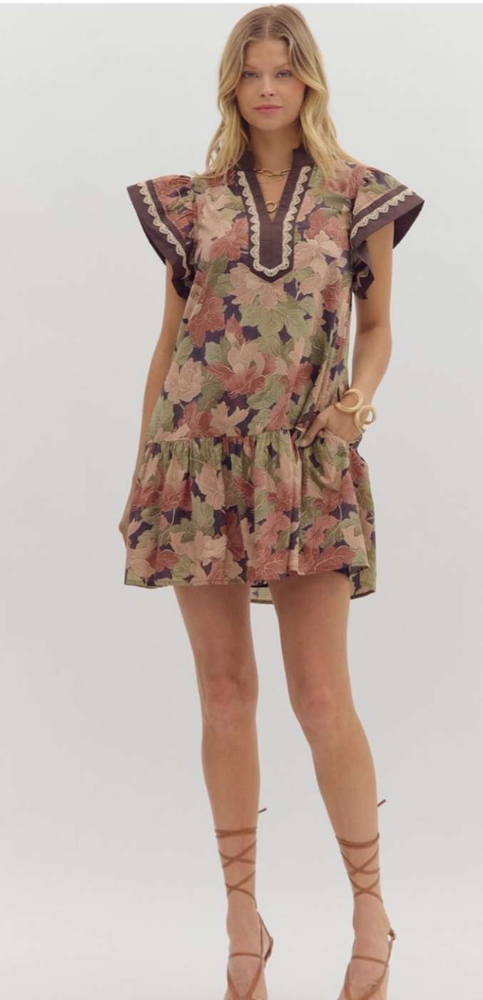 Floral print brown dress with layered ruffle hem for women