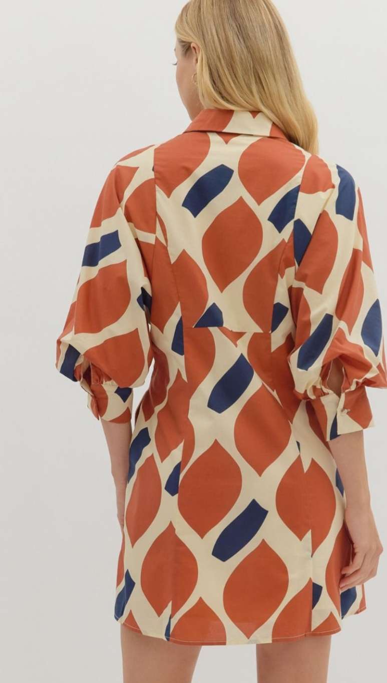 Rust abstract print shirt dress with buttons and casual silhouette