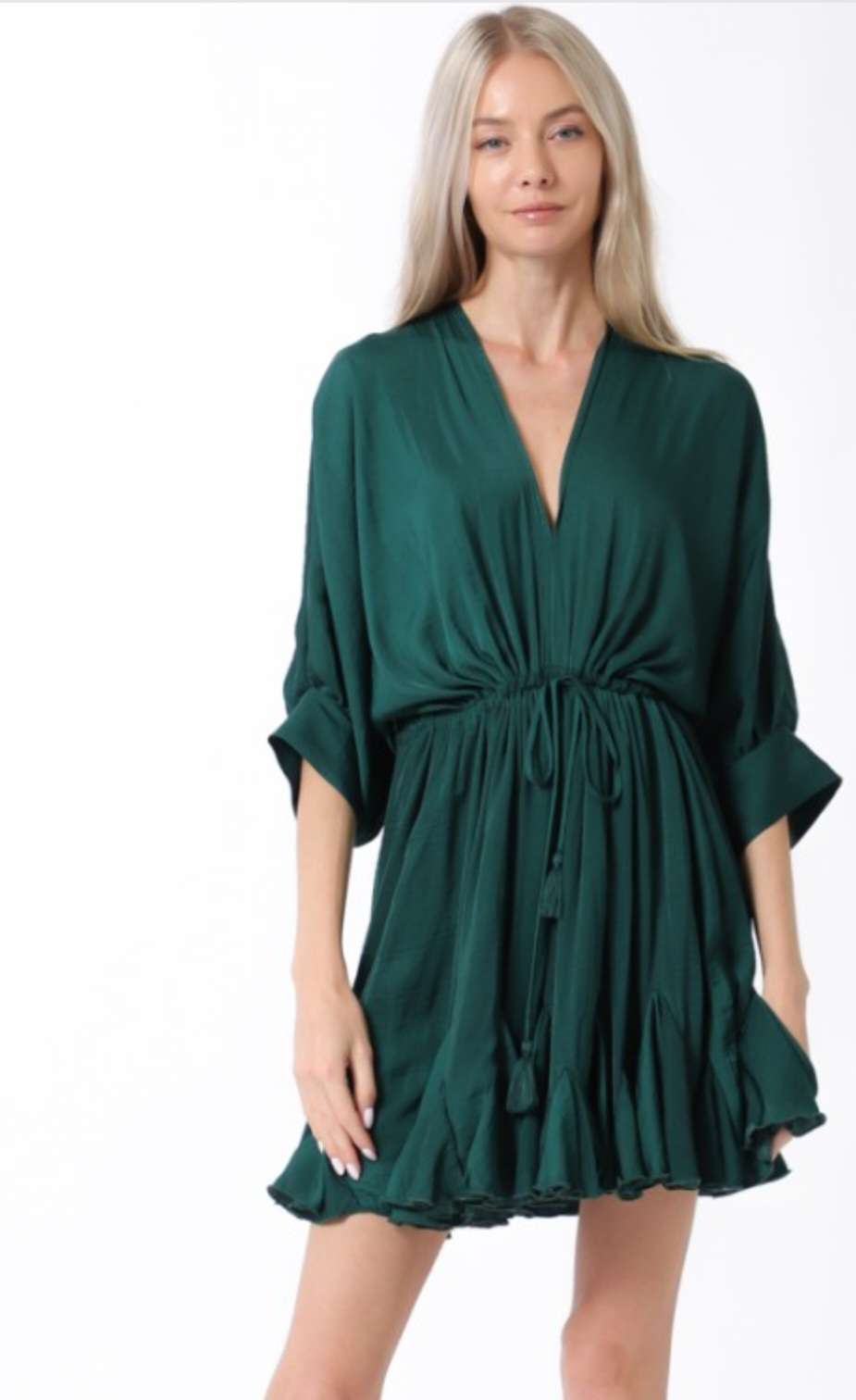 Chic mini dress in hunter green with dolman sleeves
