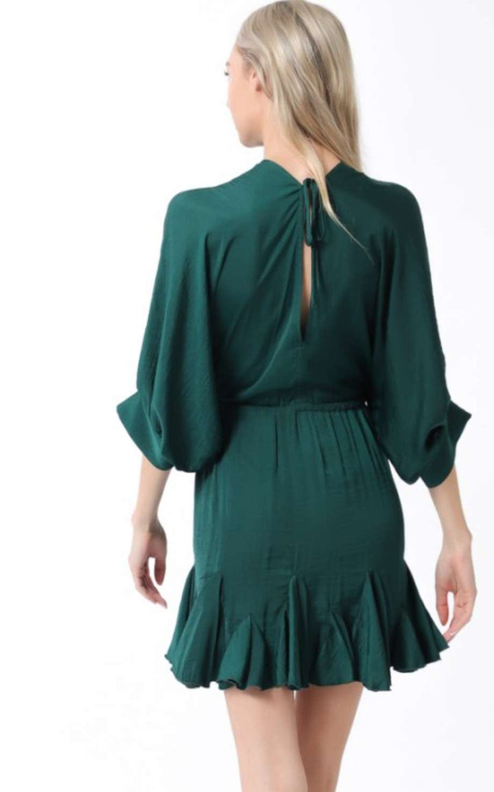Chic mini dress in hunter green with dolman sleeves