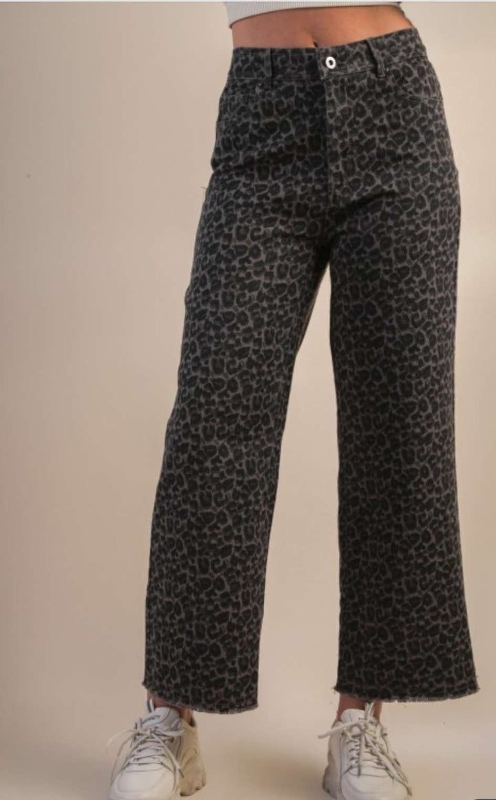 Grey animal print jeans with leopard pattern for a bold fashion look