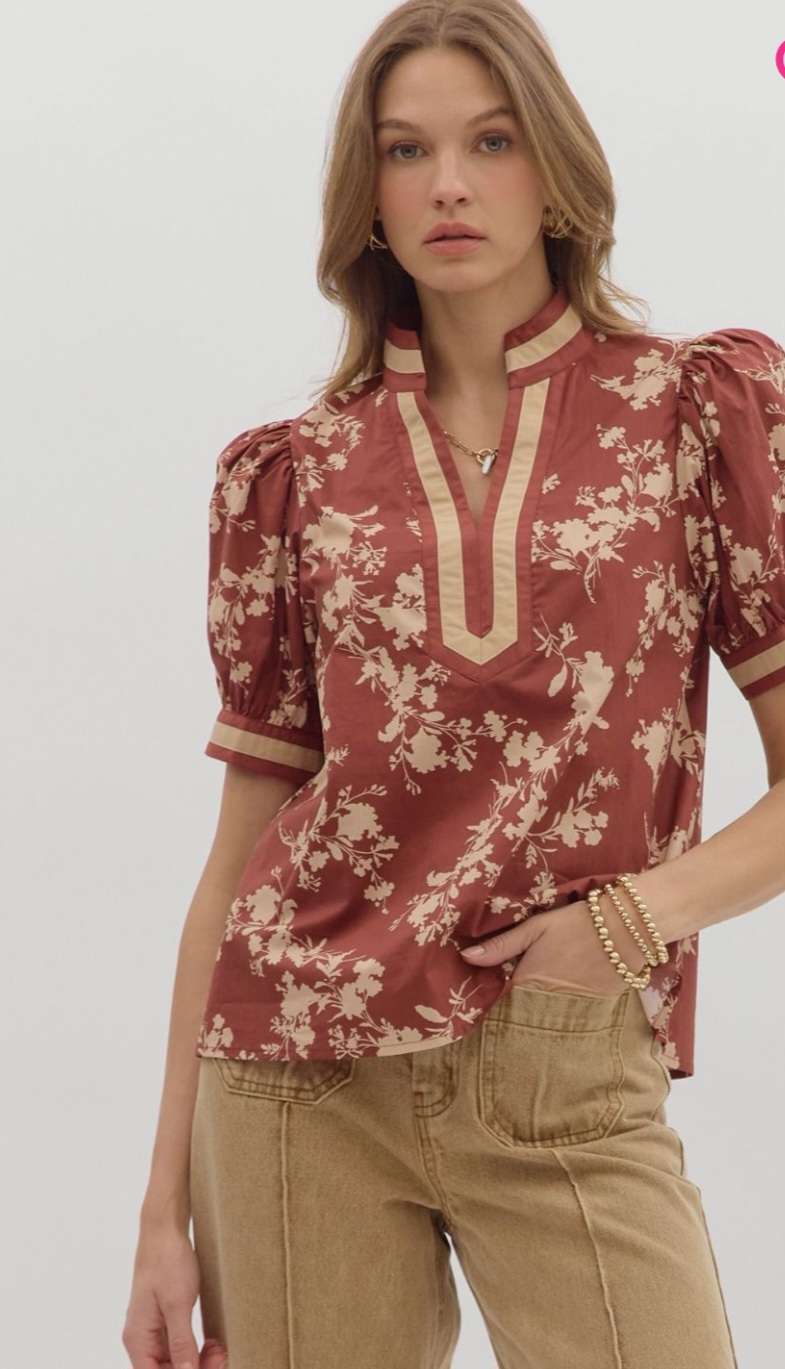 Women's red bean floral top with short sleeves and relaxed fit
