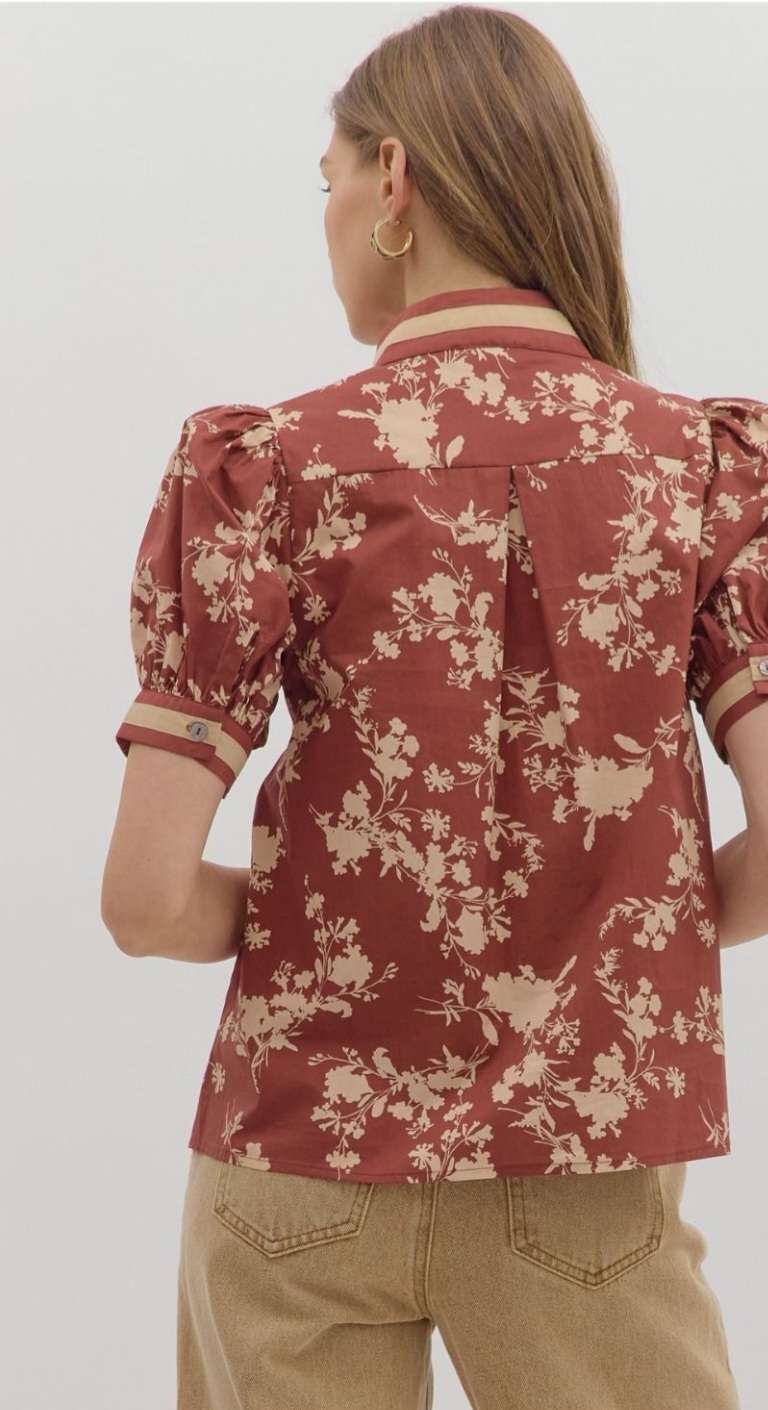 Women's red bean floral top with short sleeves and relaxed fit