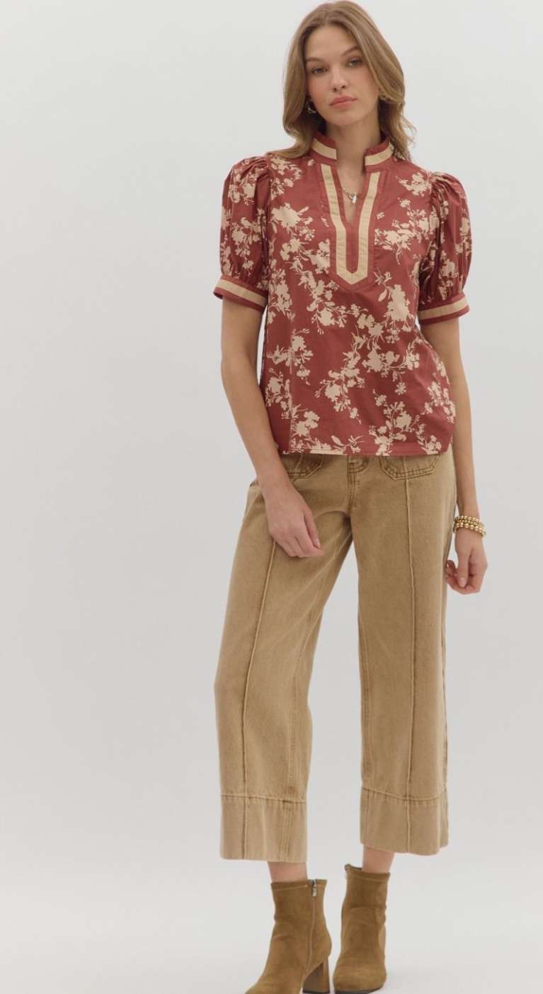 Women's red bean floral top with short sleeves and relaxed fit
