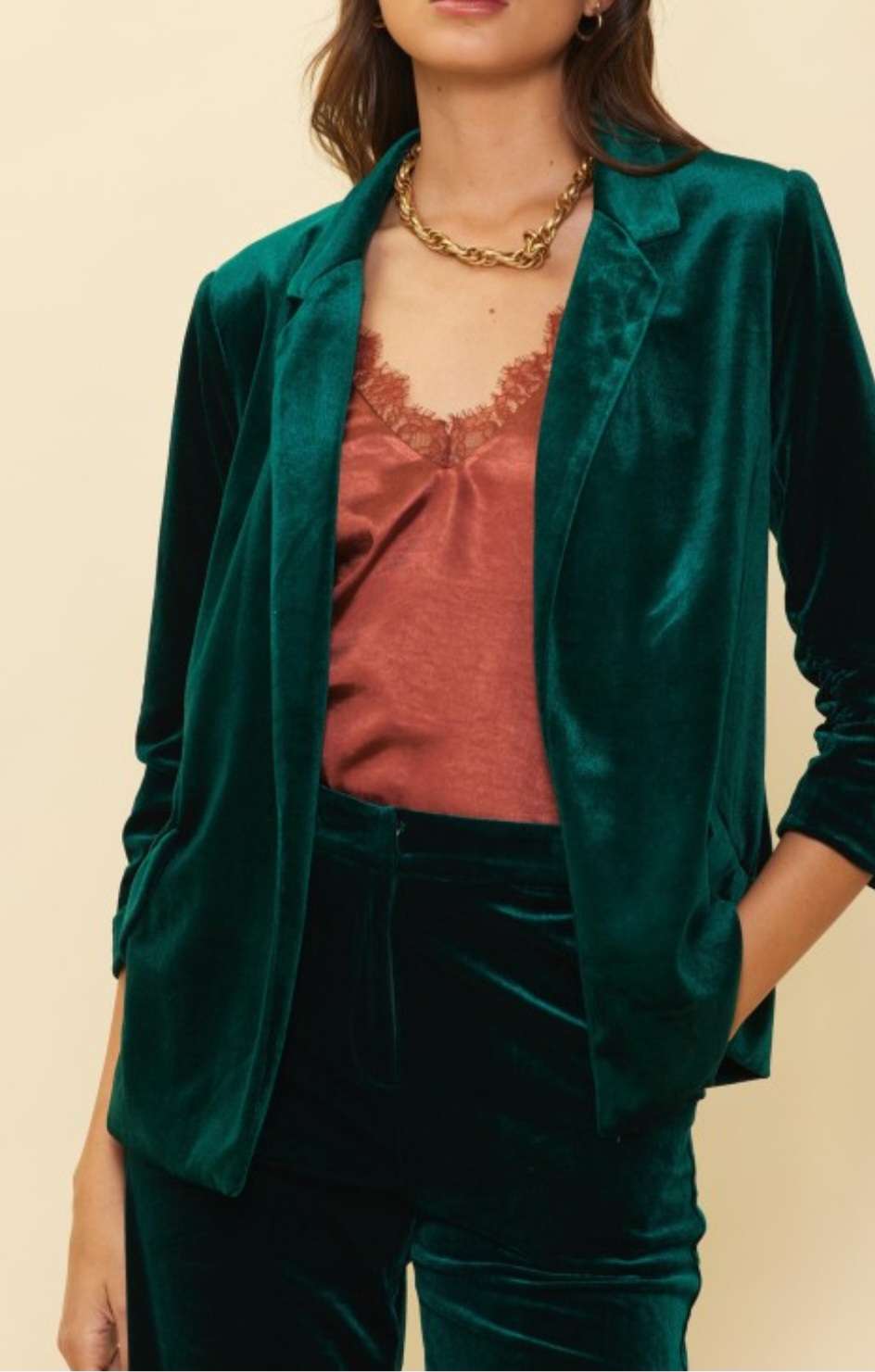 Women's hunter green velvet blazer – luxury tailored jacket for holiday and party outfits