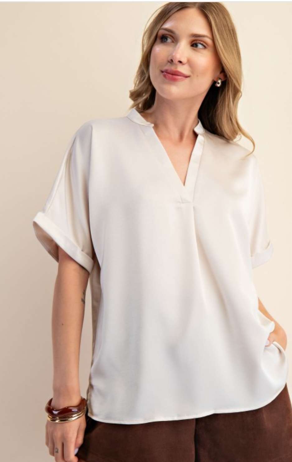 Women's cream V-neck cuff sleeve blouse