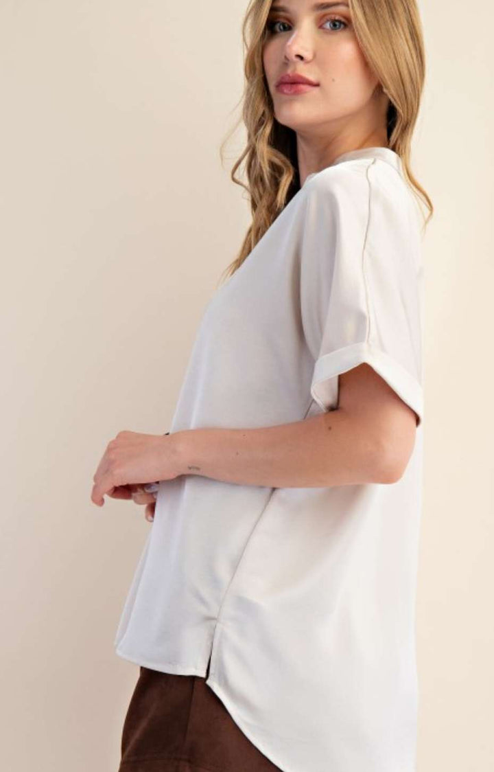 Women's cream V-neck cuff sleeve blouse