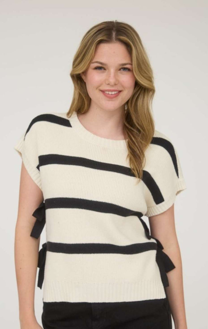 Women's cream and black stripe short sleeve knit sweater with side tie detail – lightweight casual top
