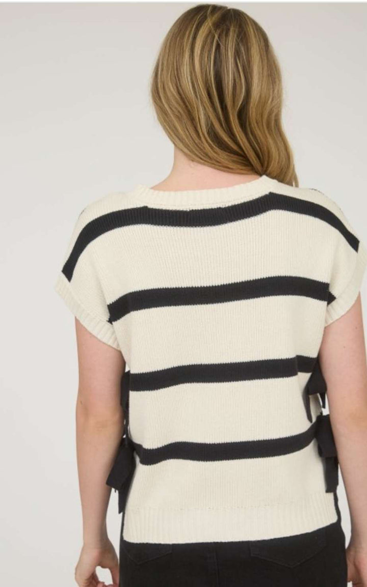 Women's cream and black stripe short sleeve knit sweater with side tie detail – lightweight casual top